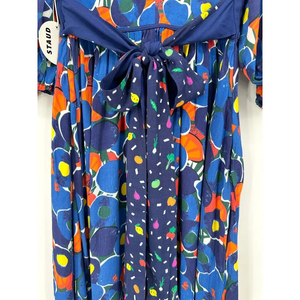 STAUD Affogato Maxi Dress V-Neck Balloon Sleeve Fruit Print Belted, Blue NWT - Picture 13 of 16